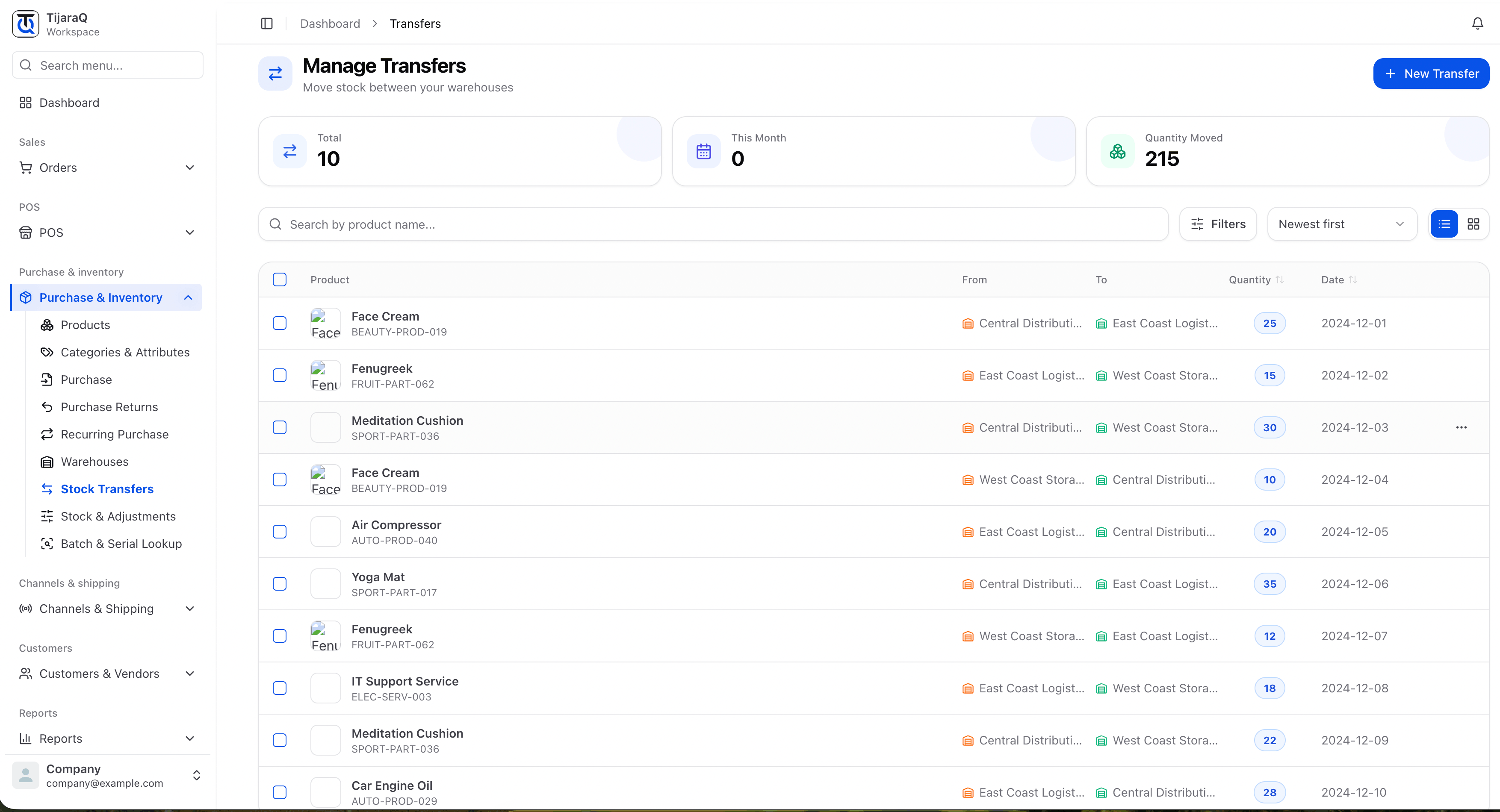 TijaraQ Manage Transfers screen showing stock movement between warehouses with sample data.