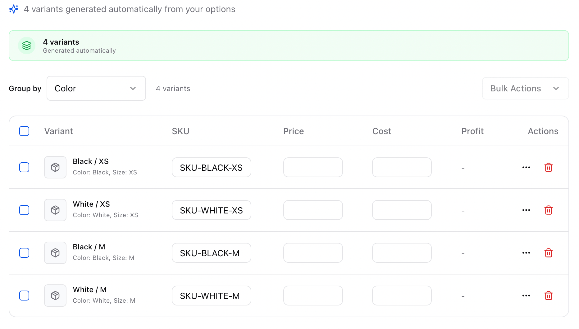 TijaraQ product variants screen showing generated color and size combinations with sample data.