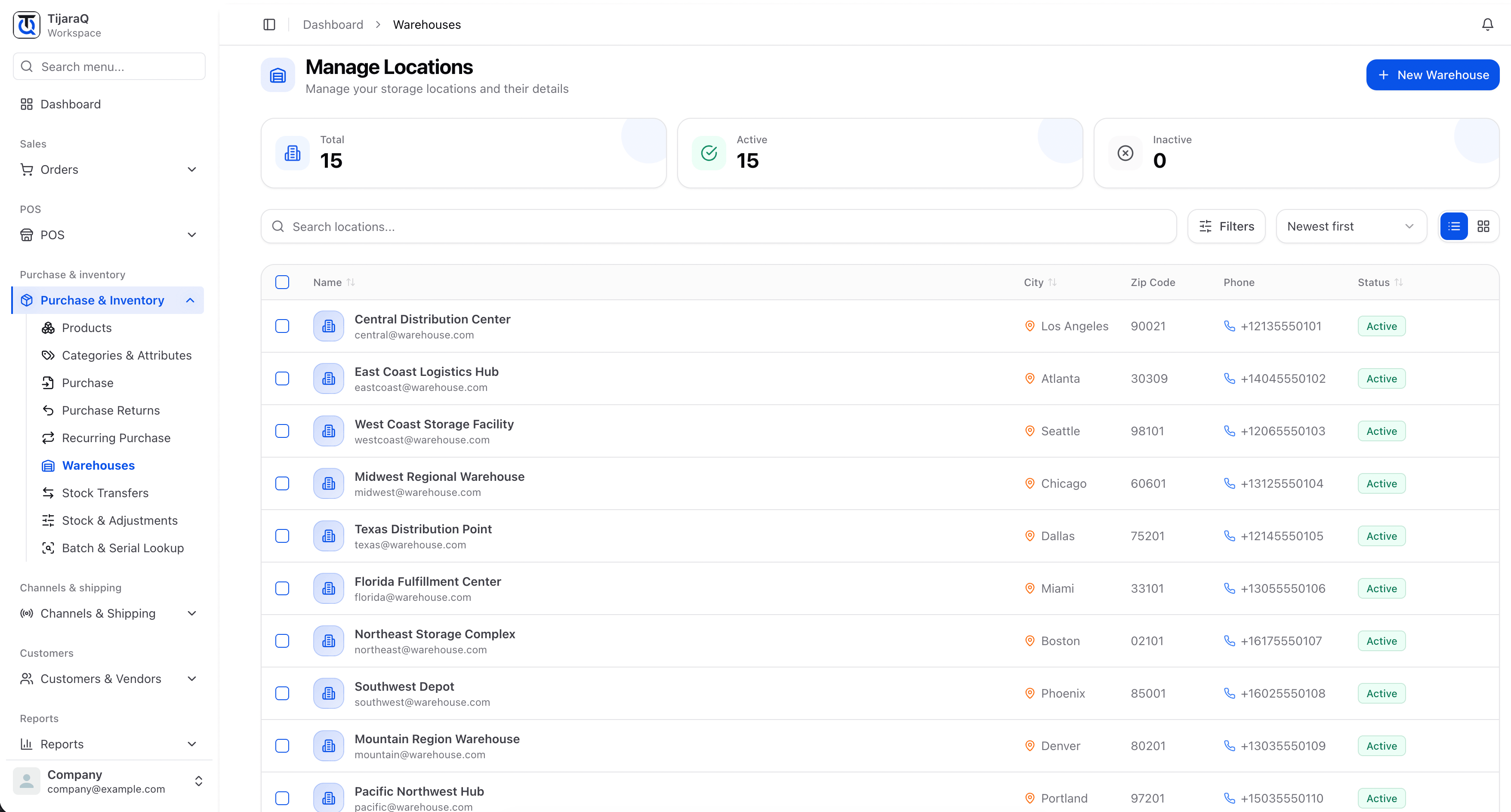 TijaraQ Manage Locations screen with warehouse records using sample data.